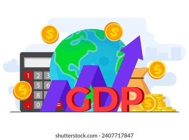 Concepto de producto interno bruto modelo de ilustración plana de vector, Stacks of money, National economy, Monetary policy, GDP, Economic Growth, Public Finance, Growth arrow chart, Cash and global