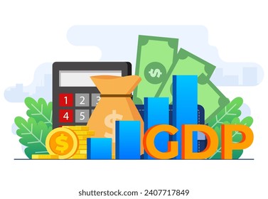 Concepto de producto interno bruto modelo de ilustración plana de vector, Pilas de dinero, economía nacional, política monetaria, PIB, crecimiento económico, finanzas públicas, gráficos de crecimiento detrás de letras del PIB