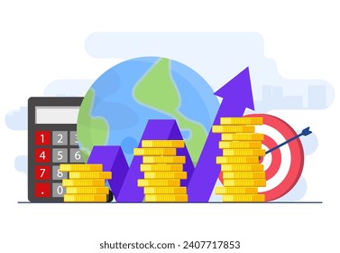 Concepto de producto interno bruto modelo de ilustración plana de vector, Stacks of money, National economy, Monetary policy, GDP, Economic Growth, Public Finance, Growth arrow chart, Cash and global