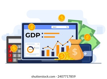 Concepto de producto interno bruto ilustración plana modelo vectorial, Pilas de dinero, economía nacional, política monetaria, PIB, crecimiento económico, finanzas públicas, gráficos de crecimiento y gráfico en pantalla portátil