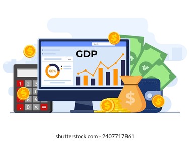 Concepto de producto interno bruto modelo de ilustración plana de vector, Pilas de dinero, economía nacional, política monetaria, PIB, crecimiento económico, finanzas públicas, gráficos de crecimiento y gráfico en pantalla de computadora