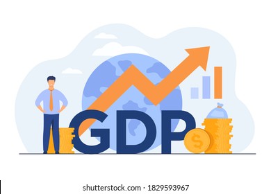 Concepto de producto interno bruto. Gráfico de flecha de crecimiento con globo, montones de dinero, profesional diminuto y feliz. Ilustración plana de la economía nacional, la política monetaria, los temas de las finanzas mundiales