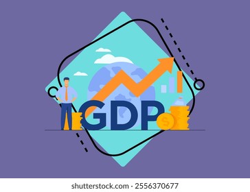 Gross domestic product concept. Growth arrow chart with globe, stacks of money, happy tiny professional. Flat illustration for national economy, monetary policy, global finance topics