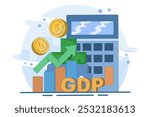 gross domestic product concept, money pile, national economy, monetary policy, GDP, economic growth, public finance, growth graph and chart. flat vector illustration.