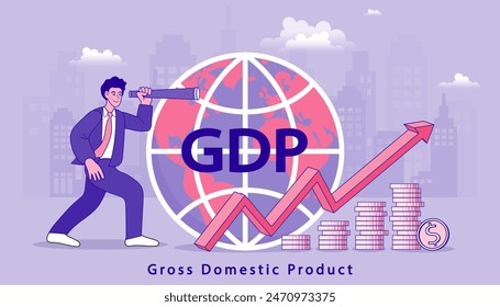 Producto interior bruto. columna de crecimiento económico y gráfico de productividad del mercado. clasificación de la economía mundial, concepto de economía de mercado. Ilustración aislada del Vector del PIB.