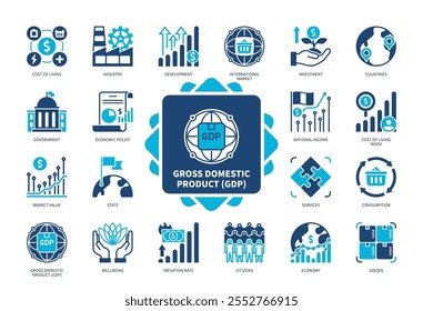 Produto Interno Bruto ícone do PIB definido. Economia, Bens, Serviços, Bem-Estar, Investimento, Desenvolvimento, Taxa De Inflação, Países. Ícones sólidos de cor duotônica