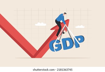 Producto interno bruto o PIB. Recesión, Negocios, Consumo, Inversión. Signo de flecha apuntando hacia abajo. Empresario intentando elevar el PIB en el gráfico de flecha.