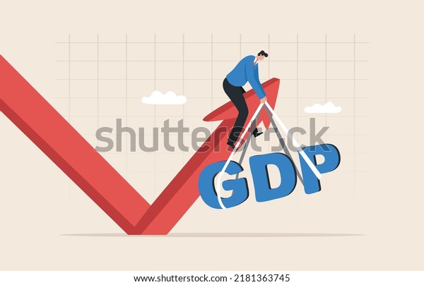 Gross domestic\
product or GDP. Recession, Business, Consumption, Investment. Arrow\
sign pointing downwards. Businessman trying to pull up the GDP  on\
the arrow graph.