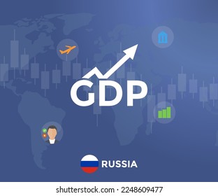 Gross Domestic Product (GDP) of Russia flag and map logo design. Economic gdp growth domestic product. Global economy, national budget, recession, inflation concepts vector design and illustration.
