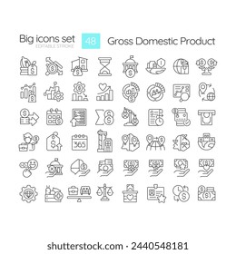 Gross domestic product linear icons set. Economy growth. Purchasing power. National economy consumption. Customizable thin line symbols. Isolated vector outline illustrations. Editable stroke