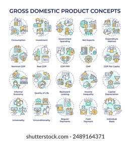 Gross domestic product multi color concept icons. Country economy. Market value. Economic growth. Goods and services. Icon pack. Vector images. Round shape illustrations. Abstract idea