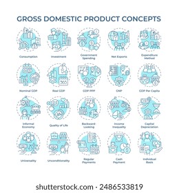 Iconos de concepto de producto interior bruto azul suave. Economía de Country. Valor de mercado. Crecimiento económico. Bienes y servicios. Paquete de iconos. Imágenes vectoriales. Ilustraciones de forma redonda. idea Abstractas