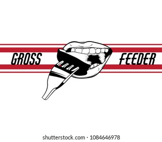 Gross feeder. Vector hand drawn illustration of human mouth with peace of cake. Template for card, poster, banner, print for t-shirt. 