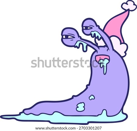 gross hand drawn line drawing of a slug wearing santa hat in bright neon color