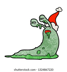 gross hand drawn textured cartoon of a slug wearing santa hat