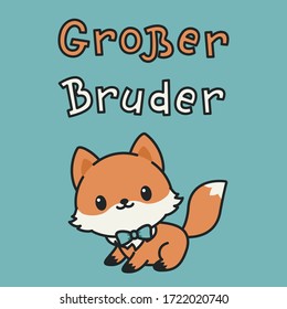 "Grosser Bruder" handgezeichnete Vektorschrift auf Deutsch, auf Englisch bedeutet "Groß Bruder". Kleiner Fuchscharakter in einer blauen Schleife. Vektorkunst 