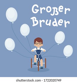 "Grosser Bruder" handgezeichnete Vektorschrift auf Deutsch, auf Englisch bedeutet "Groß Bruder". Schöner kleiner brauner Friseur, der mit einem Rad mit Ballons fährt.Glückliches Kinderkonzept. Vektorkunst 