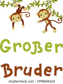 "Grosser Bruder" handgezeichnete Vektorschrift auf Deutsch, auf Englisch bedeutet "Groß Bruder". Reine kleine Affen, die auf einer tropischen Pflanze hängen. Vektorkunst 