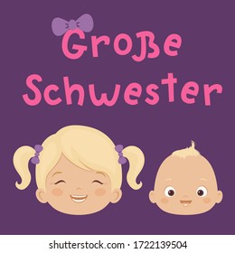 "Grosser Schwester" handgezeichnete Vektorschrift auf Deutsch, auf Englisch bedeutet "Große Schwester". Große Schwester und Baby Bruder oder Schwester Illustration. Fröhliche Kinder. Vektorkunst 