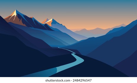 Grossglockner High Alpine Road in the early morning. Austria, Alps, Europe flat vector illustration.