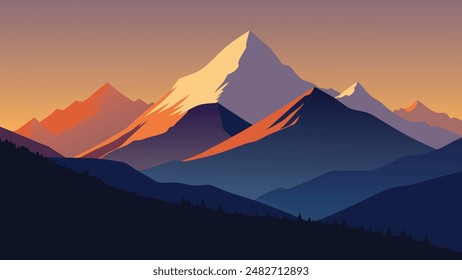 Grossglockner mountain range from Grossglockner High Alpine Road. Colorful sunrise in Austrian Alps, Zell am See district, state of Salzburg in Austria, Europe flat vector illustration