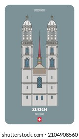 Grossmunster church in Zurich, Switzerland. Architectural symbols of European cities. Colorful vector 