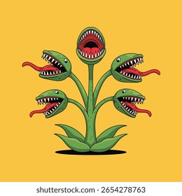 Planta carnívora grotesca com múltiplas cabeças e línguas presas