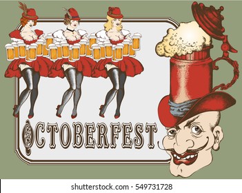 Grotesque character - man in mug-hat  and nice waitresses in oktoberfest style