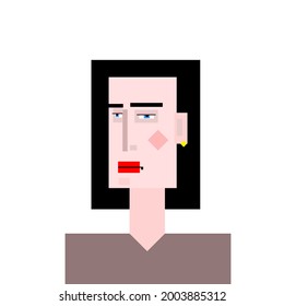 Grotesque cubic character. Portrait of person with black hair, red lips and blue eyes.