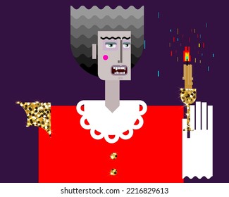 Grotesque cubic character of Vampire in a red suit with a white lace collar and a gold batwing epaulette. Cartoon portrait of man with gray hair, and candle in his hand in a white glove. 