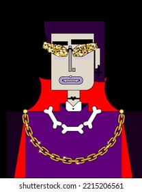 Grotesque Cubic Character Of Vampire With A Shiny Gold Coffin-shaped Glasses, Bone Necklace, And A Red-violet Cloak With Collar And Gold Chain. Cartoon Vector Illustration.