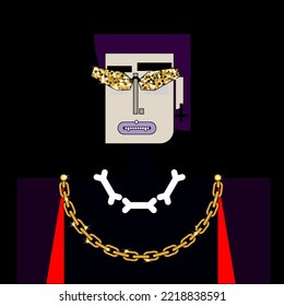 Grotesque cubic character of the Vampire with shiny gold coffin-shaped glasses, a bone necklace, and a red-violet cloak with a collar and gold chain. Cartoon vector illustration.