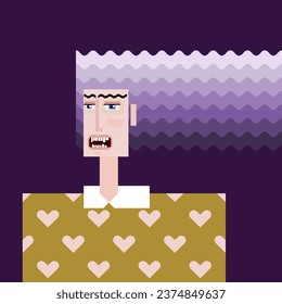 Grotesque cubic character of Vampire in Victorian style costume with white collar and heart pattern dress. Portrait of a screaming woman with fluttering purple hair. Cartoon vector illustration.