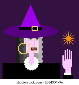 Grotesque cubic character of witch in a purple pointed hat and an energy ball near her hand. Vector cartoon portrait of a woman with wavy hair and golden lips.