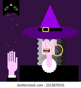Grotesque cubic character of witch in a purple pointed hat with black cat. Vector cartoon portrait of a woman with wavy hair and golden lips.