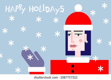 Grotesque cubic character of woman in red-white Christmas costume and in mittens. Vector cartoon portrait of woman with snowflakes in her hands on light blue background. Happy Holidays concept. 