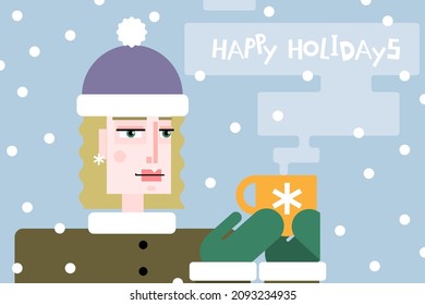 Grotesque cubic character of woman in winter clothes. Vector cartoon portrait of woman holding a cup of hot tea in her hands. Happy Holidays concept.