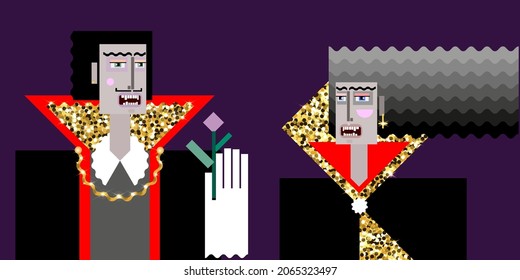 Grotesque cubic characters of a couple of Vampires with shiny collars of cloaks. Vampire сhic and love concept.