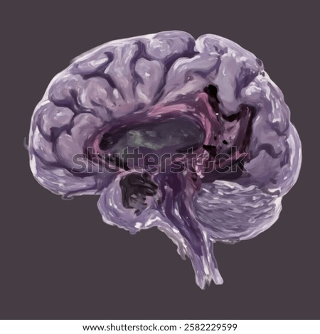 A grotesque, decomposing brain illustration in dark purple. Perfect for horror sci fi concepts, creepy designs, and surreal branding.