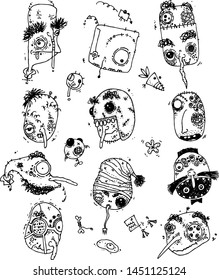 Grotesque faces doodles set. Vector image