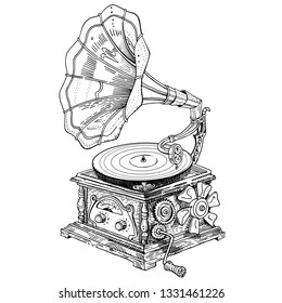  Grotesque fantasy vintage steampunk style gramophone. Hand drawn vector ink pen illustration isolated on white. Music festival, band poster, t shirt, tattoo design, coloring page.