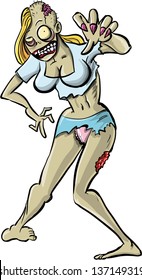 Grotesque female zombie in a miniskirt stretching her hand with long sharp nails towards the camera isolated on white 