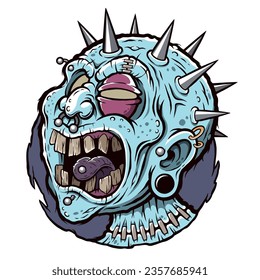 A grotesque and horror-themed cartoon illustration of a monstrous mutant head with pale blue, decayed skin, rotting yellow teeth, and exaggerated features