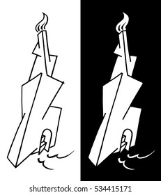 Grotesque linear drawing. Linear surreal tattoo. Black and white graphic art. Surreal artwork on a black and white backgrounds. Grotesque architecture. Fantasy art.  Drawing of surrealistic tower 