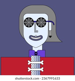 Grotesque portrait of a grey-haired person wearing glasses with a spider's web, a mono spider earring, and a Victorian suit with bones and a skull. Vector cartoon character with a creepy smile. 