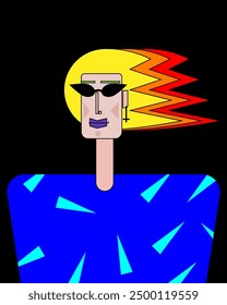 El retrato grotesco de una persona con el pelo flameante, llevando gafas de sol futuristas, pendiente en forma de cruz y chaqueta azul. Personaje plano de Vector de dibujos animados.