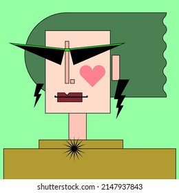 The grotesque portrait of a person with fluttering green hair and heart-shaped blush, wearing futuristic sunglasses, lightning earrings, and a star-shaped brooch. Cartoon vector flat character.