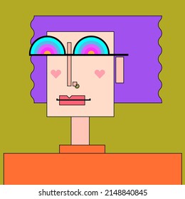 The grotesque portrait of a person with fluttering lilac hair and heart-shaped blush, in rainbow sunglasses and piercing in her or him nose. Cartoon vector flat character.