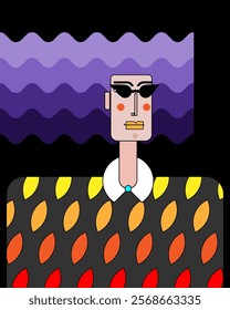 The grotesque portrait of a person with fluttering wave hair, wearing futuristic sunglasses, and vintage jacket. Cartoon vector flat character.