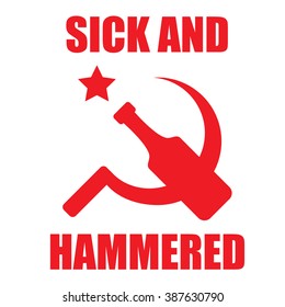 Grotesque poster with comic interpretation of USSR Hammer and Sickle emblem. Back in USSR design isolated on white background. EPS10 vector illustration.